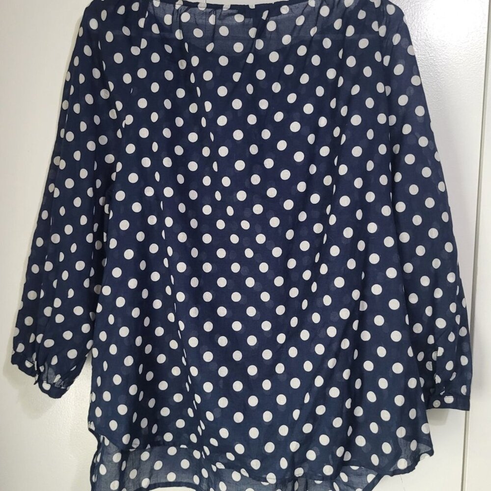 LAUREN RALPH LAUREN Womens 1X Peasant Polka Dot Blouse Semi Sheer Navy White - Picture 2 of 9